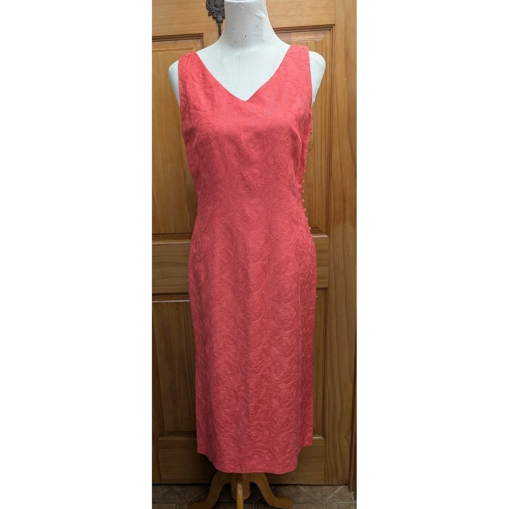 Donna Morgan Women's Dress Size 10 Coral Sheath Lined Side Zip Covered Buttons